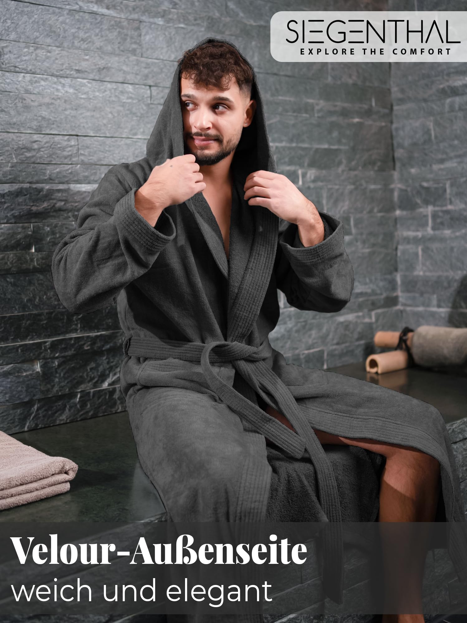 Herren Bademantel Frottee Velour 100% Baumwolle mit Kapuze Weich M bis XXL – Kuscheliger Bademantel, Soft, Waschbar, Komfortabel, Hohe Qualität