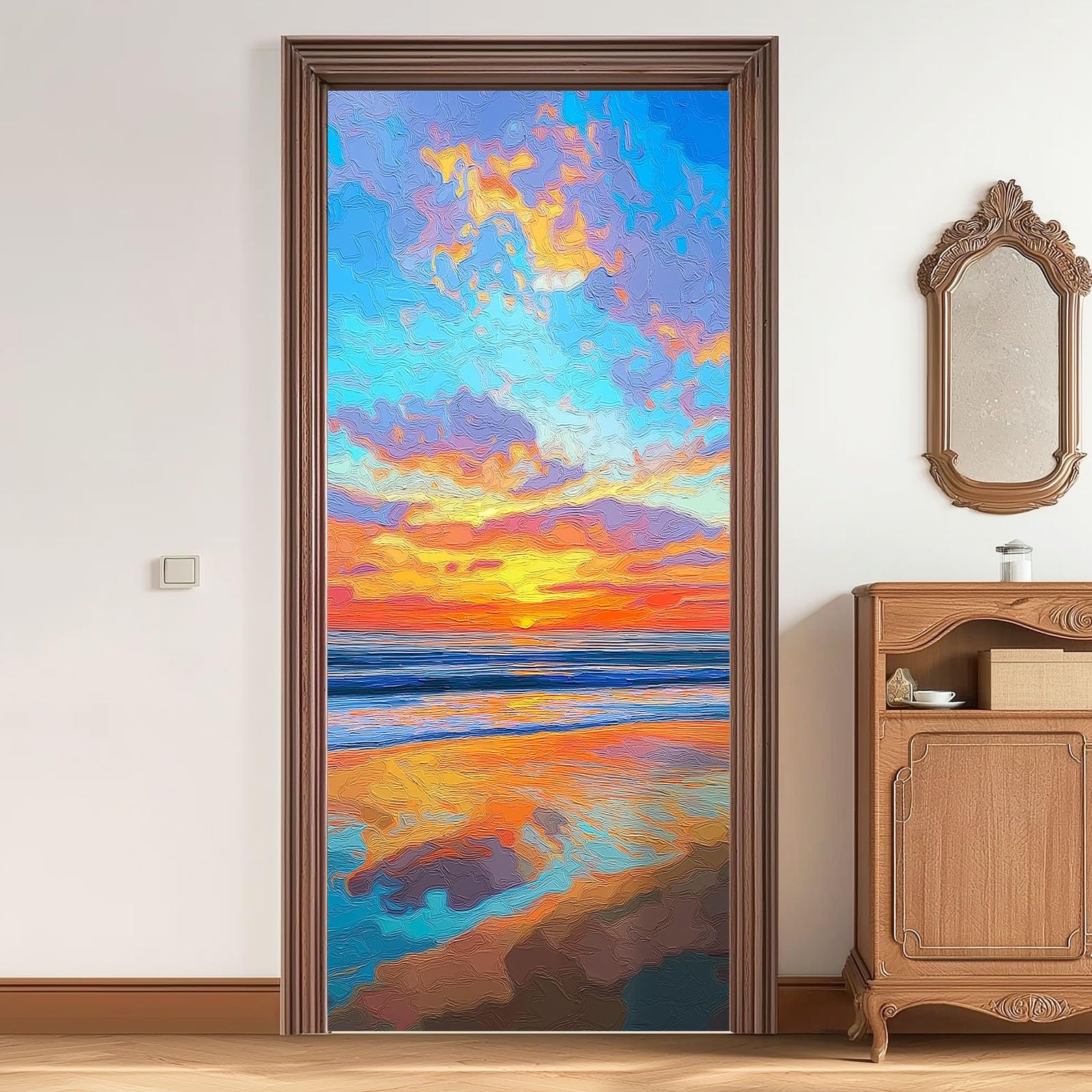Natura krajobraz samoprzylepna naklejka na drzwi, 80 x 210 cm, tropikalna plaża, zachód słońca, plakat na drzwi, niebiesko-czerwona, wodoodporna, zdejmowana folia na drzwi, fototapeta do sypialni