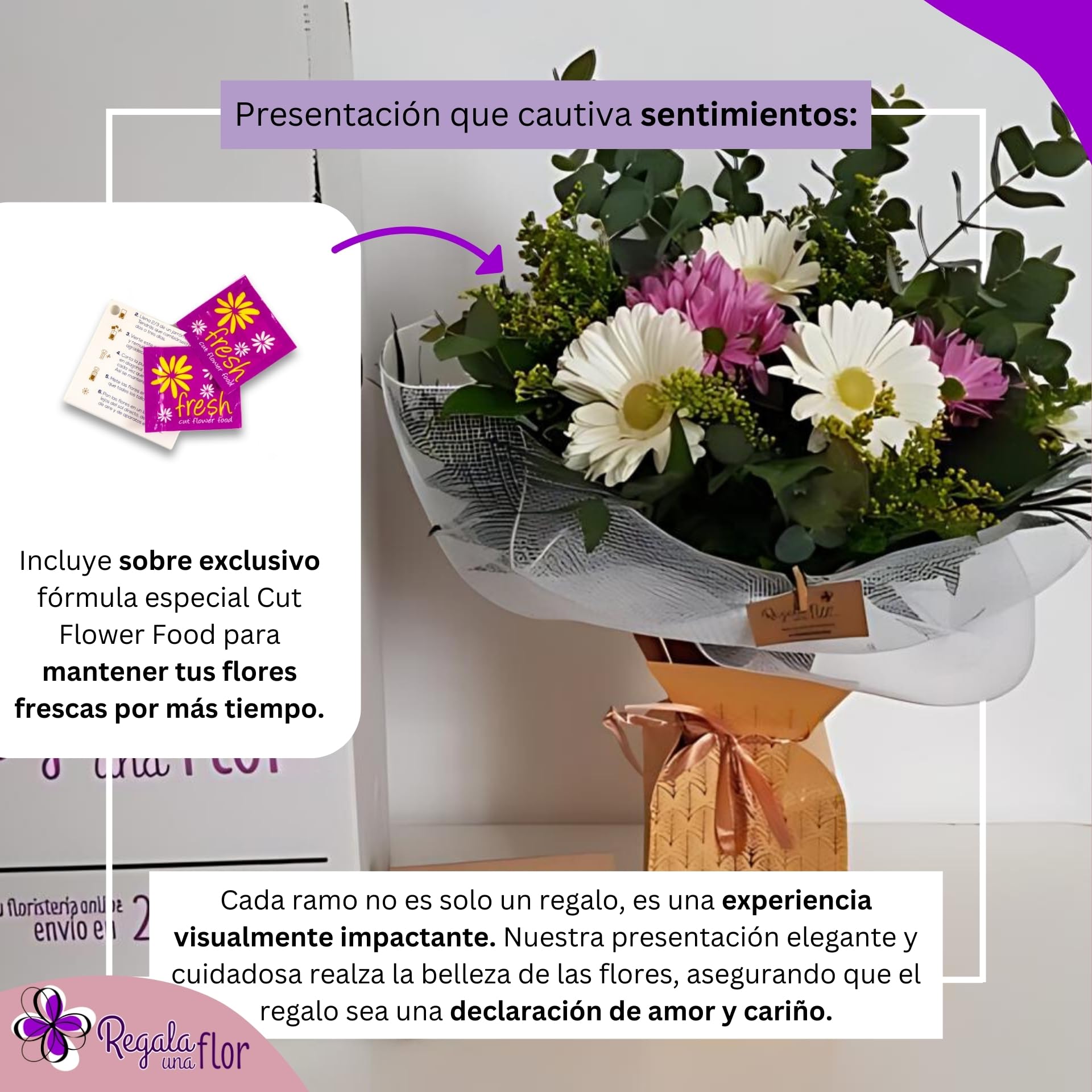 Ramo De Flores Naturales Mon Parnasse Alegría Con Tarjeta Personalizada - Regalo Fresco Y Aromático