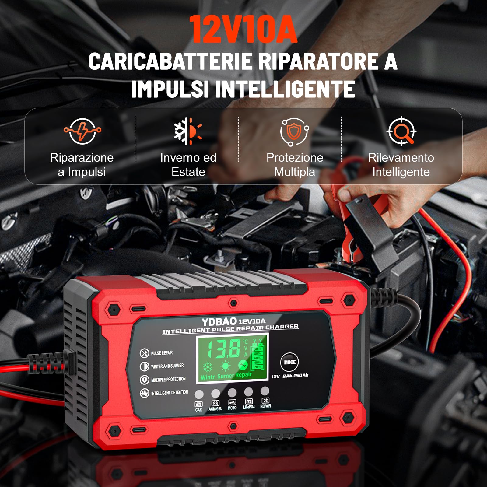 YDBAO Caricabatterie Auto 10A 12V Multi Protezioni Carica Batteria per Auto Intelligente Mantenitore di Carica Auto Moto con Schermo LCD per Moto, Barche, Auto, Batteria AGM, LiFePO4
