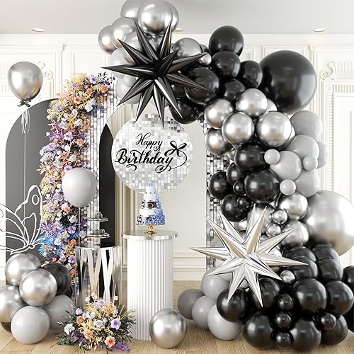 Kit de arco de globos negros y plateados, globos de cumpleaños de 5, 10 y 18 pulgadas, kit de guirnalda metálica plateada negra y gris con 2 globos