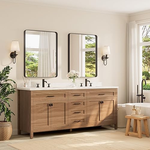 Miniatura 394 de TETOTE Espejo con marco dorado cepillado de 48 x 24 pulgadas, espejo de tocador de baño de latón para pared, moderno espejo rectangular de esquina