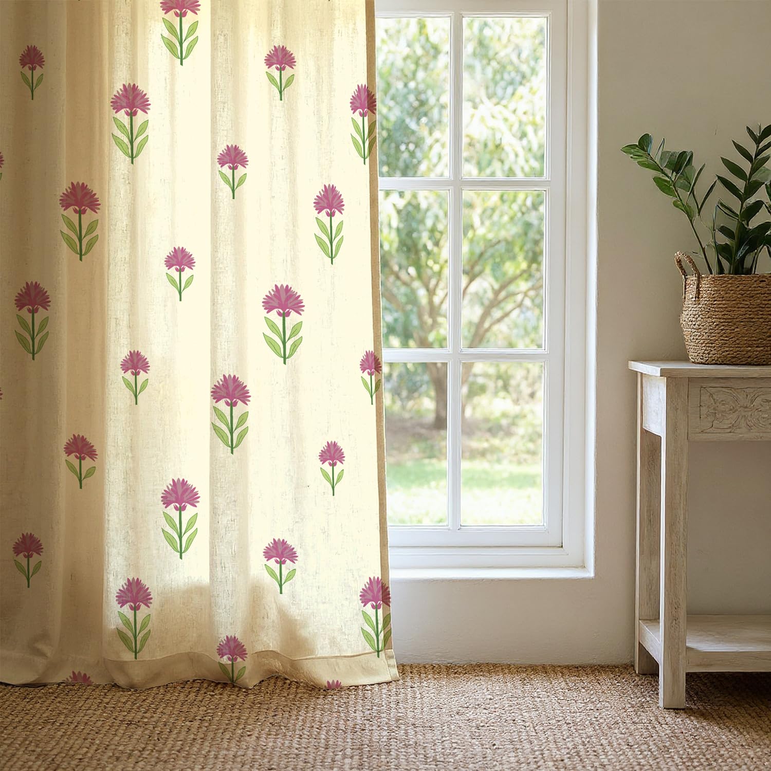 Urban Space 100% Cotton Floral Curtains 7 feet Long Set of 2, 60-65% Room Darkening, Decorative Curtains with Eyelets/Rings for Hanging, Tieback Included (Aster Pink, Door - 7 Feet)-image-32