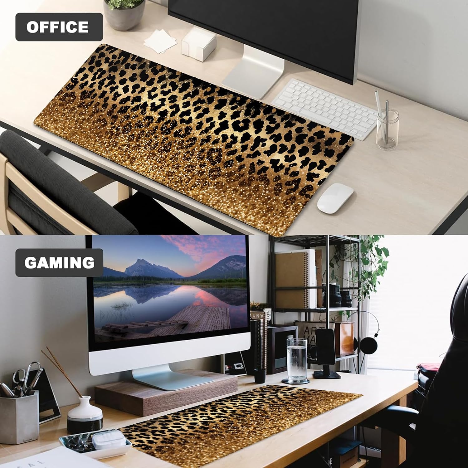 Leopard Print Glitter Gaming Mouse Pad – 12x31.5in Large Non-Slip Rubber Desk Mat with Cheetah Gold Gradient – Extended Mousepad for Office Home – Stylish Deskmat Gifts for Animal Lovers Decor