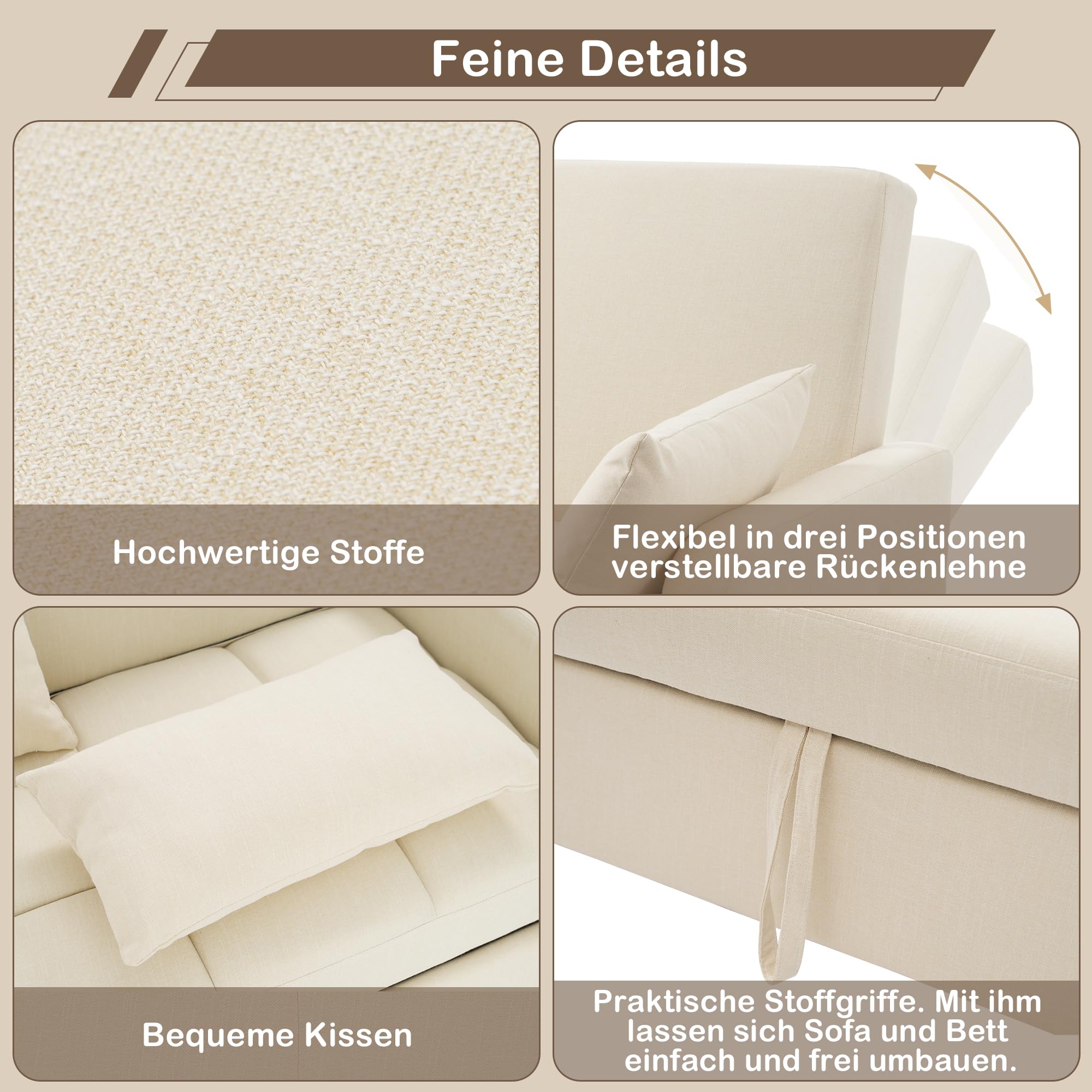 Merax Schlafsofa 2-Sitzer Kleines Sofa mit Schlaffunktion | 180x127 cm - Modernes Klappsofa 3-in-1 Schlafcouch Ausziehbar mit Verstellbarer Rückenlehne, Seitentaschen - Leinenstoff Sofabett, Beige