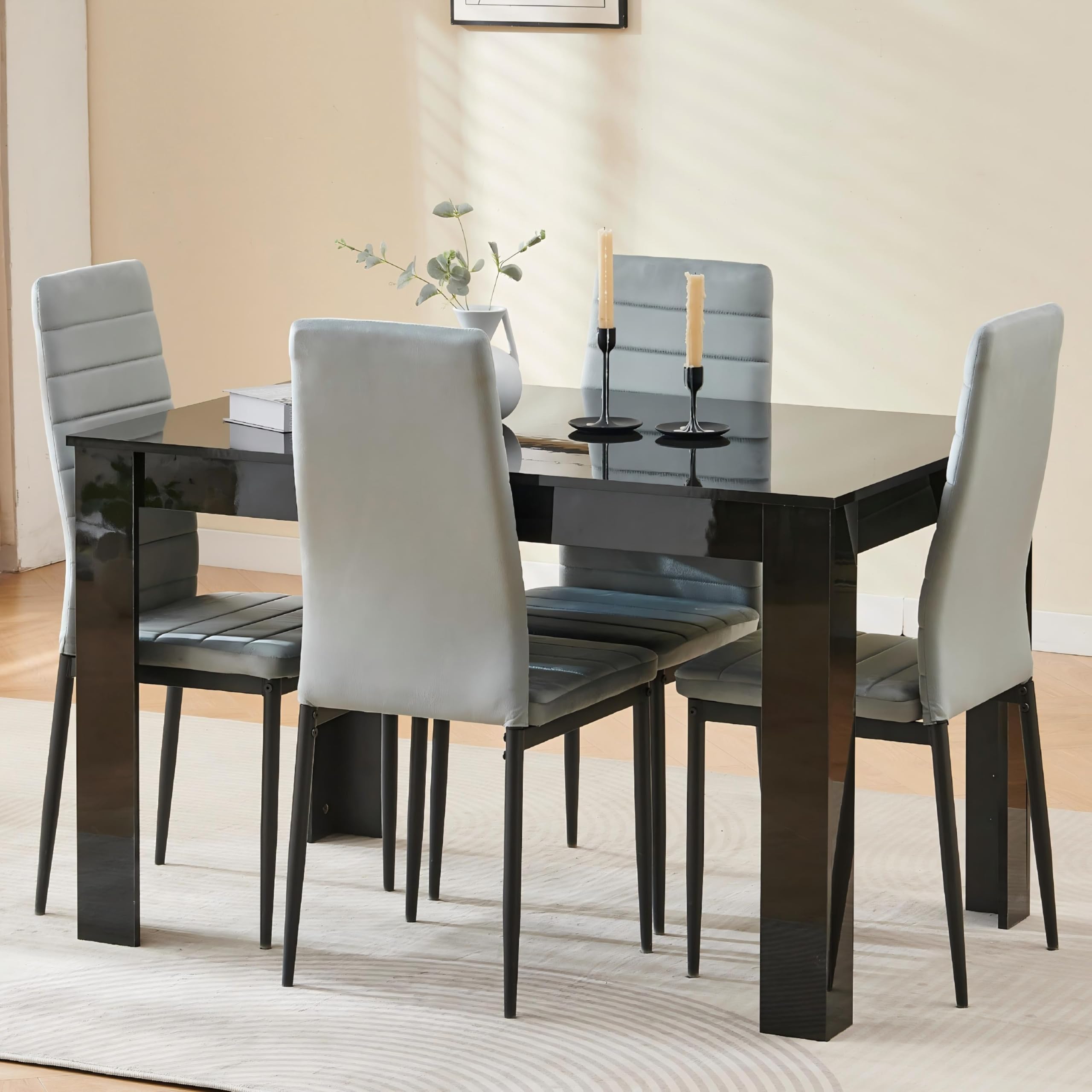 Homullel 120cm Glossing Dining Table and 4 Chairs, 4 Seater Kitchen Table and Chairs Set for Space Saving, Compact Dining Room Set for 4, 120x80 cm, Wooden, Walnut Black (4 Seaters, Flannel Grey)