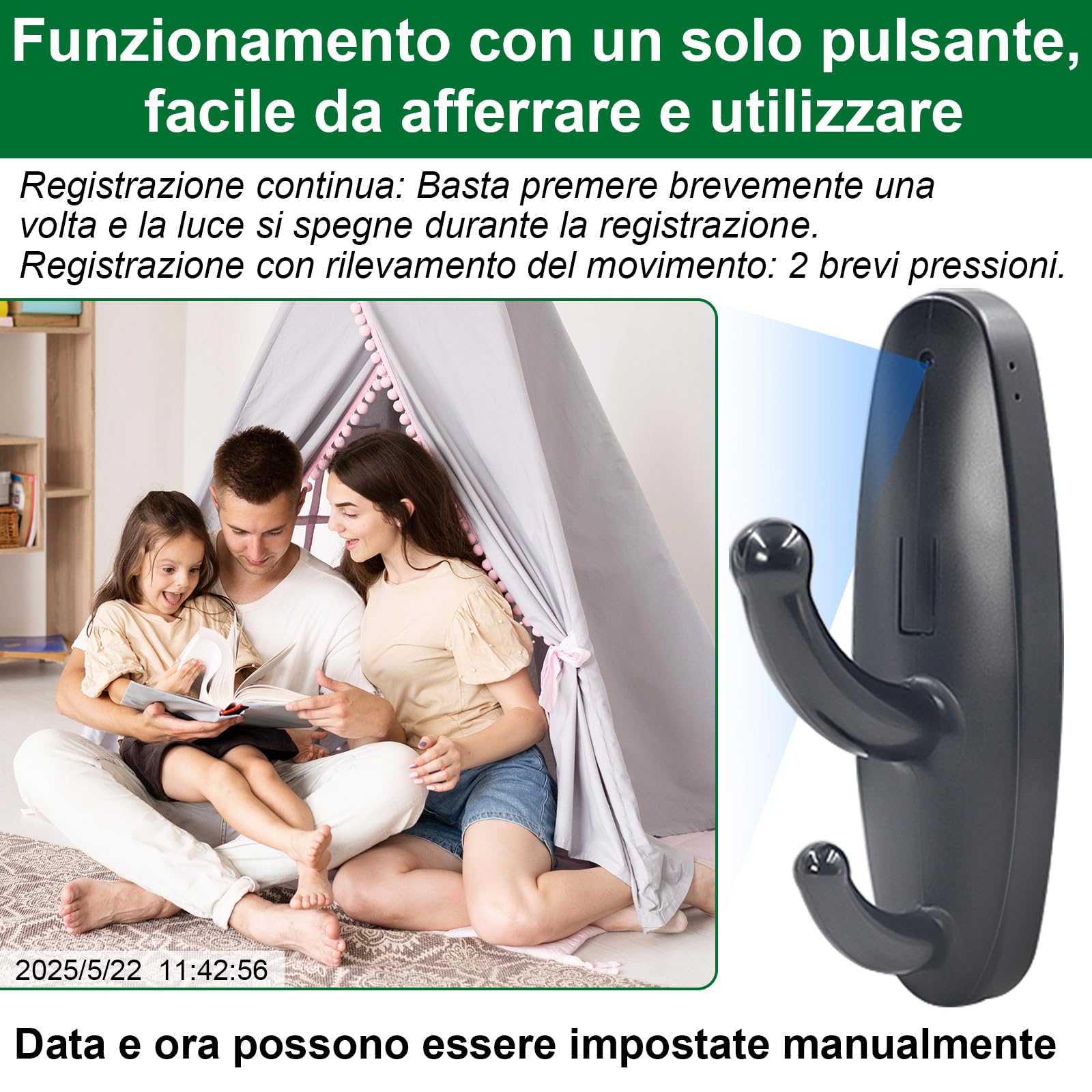 Microcamera Spia HD 1080P, Telecamera Nascosta da Parete senza WiFi, Mini Telecamera Spia Nascosta Wireless con Rilevamento del Movimento,120 minuti durata Adatto per uso interno, ecc.