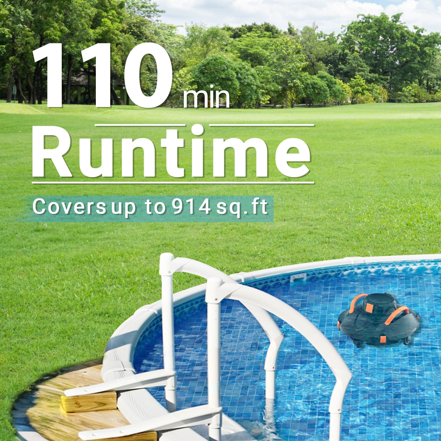 Cordless Robotic Pool Cleaner, 110 Min Runtime Pool Vacuum, Self-paking, Lightweight, Ideal for Above Ground Pools up to 914 sq.ft