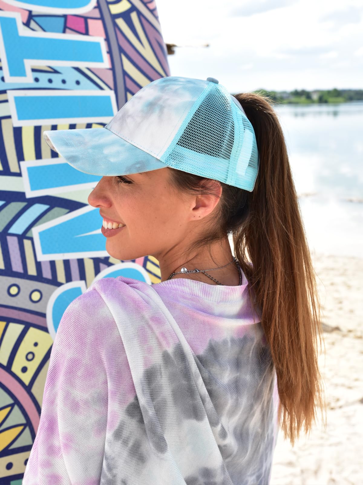 styleBREAKER Damen Ponytail Baseball Cap im Batik Look mit Mesh Einsatz | Verstellbare Basecap mit Klettverschluss | Einheitsgröße für Erwachsene und Teenager