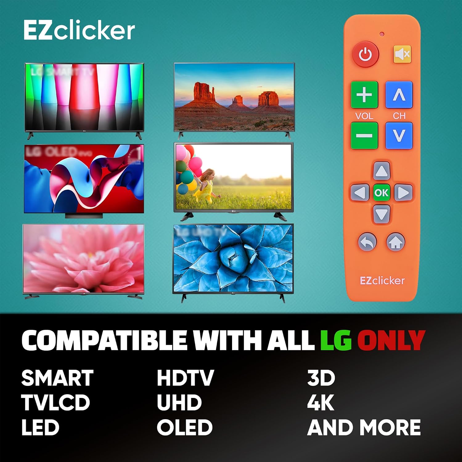 EZclicker Big Button TV Remote for LG TVs Only, Easy to Use (Orange) image 4