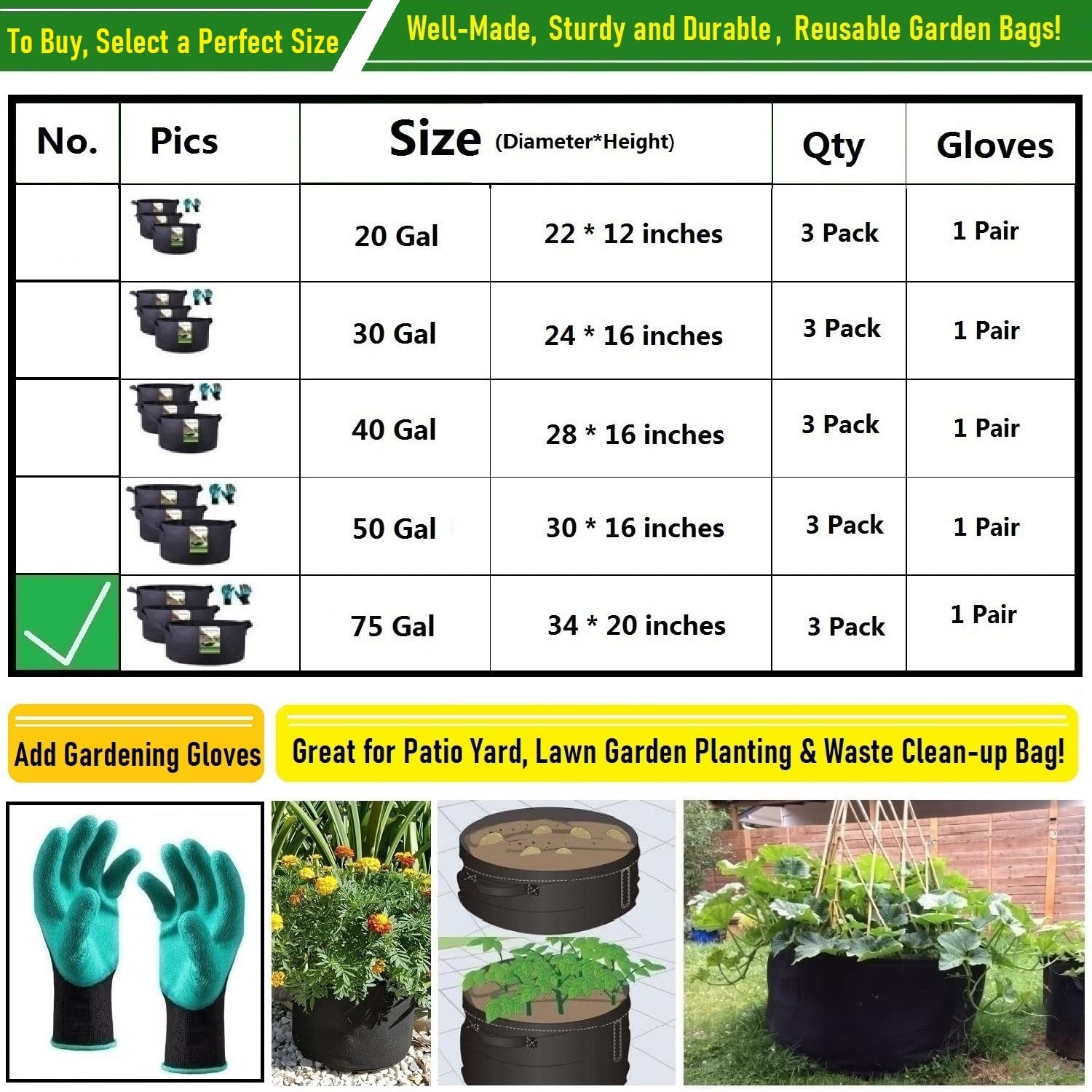 Paquete de 3 bolsas de cultivo gruesas de 75 galones grandes (34 x 20 pulgadas), bolsas de jardín resistentes para plantas de tomate, maceta de patatas, plantas de hierbas y verduras, maceta de barril