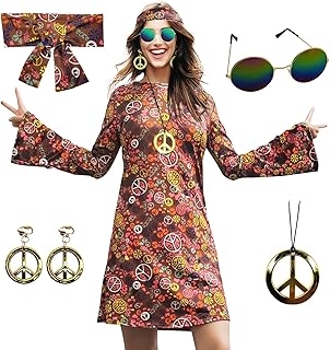 70s Hippie Dress Costumes Necklace Earrings Sunglass Women Disco Outfit, 60s Party Costume, Halloween Retro Dresses - Buy now