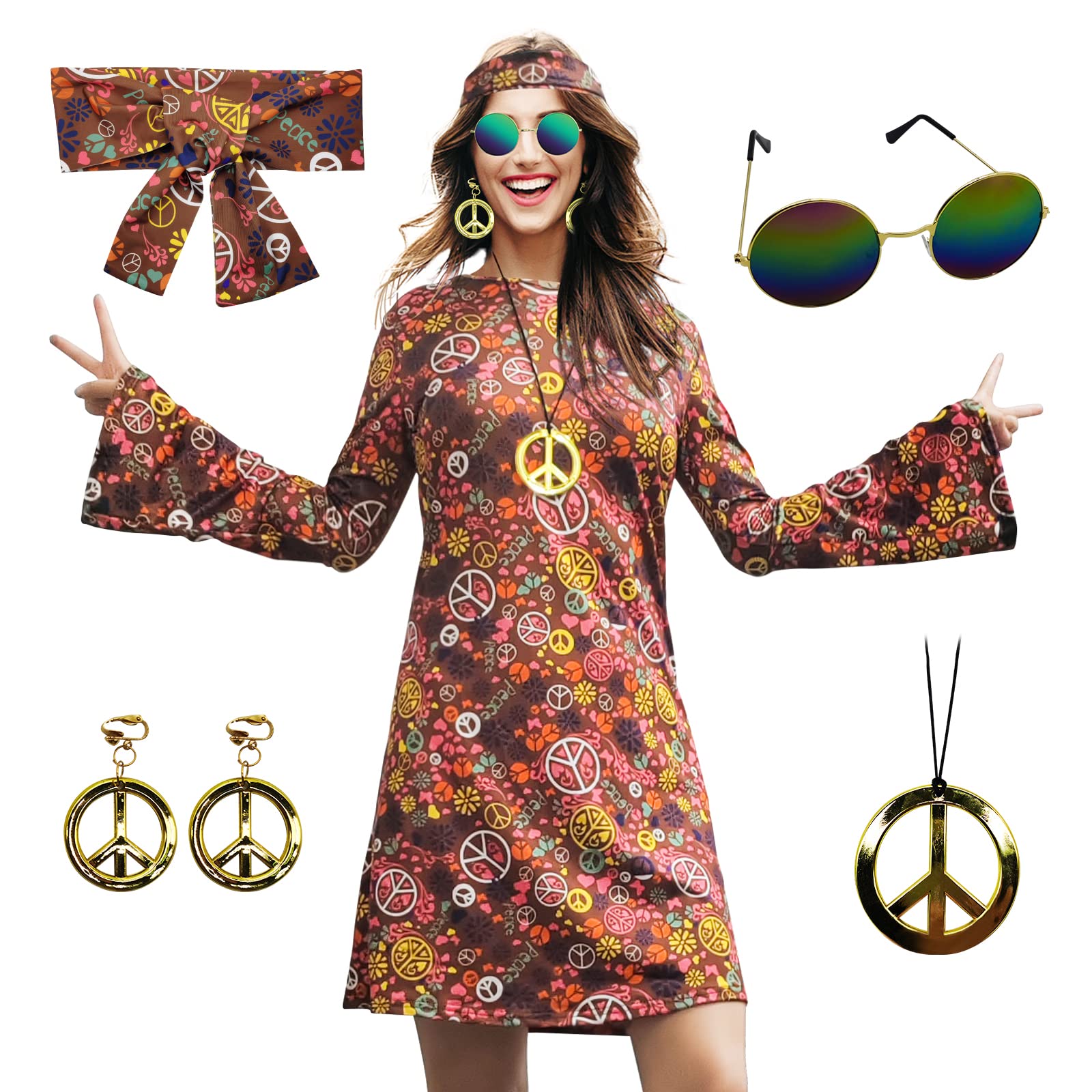 Photo 1 of MRYUWB 70s Hippie Dress Costumes Necklace Earrings Sunglass Women Disco Outfit, 60s Party Costume, Halloween Retro Dresses (Brown, 3XL)