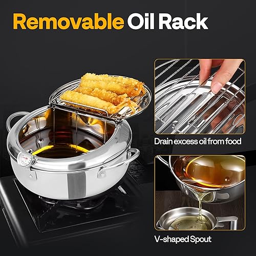 Miniatura 6 de VIVOHOME Olla de Freidora Profunda de 9.8 Pulgadas 3.2 L de Acero Inoxidable 304 con Pinza, Sartén para Tempura con Termómetro para Pollo, Pescado,