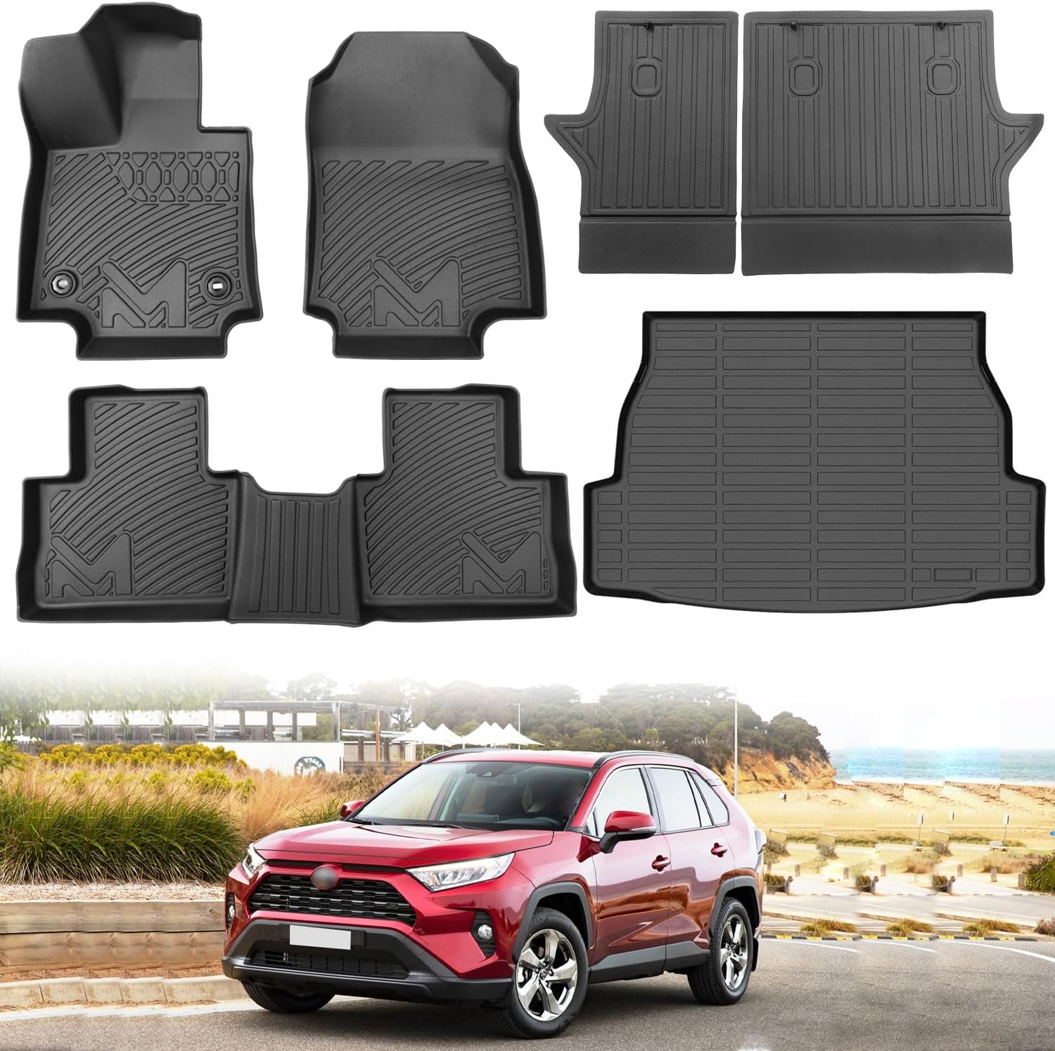 TPE Automotive Floor Mats & Cargo Liner Custom for Toyota Rav4 2019-2025 (Include Hybrid), All Weather Cover Protection Waterproof Black Front & Rear Row Full Set Car Mats & Backrest Mats, 6PCS For 19-25 Rav4