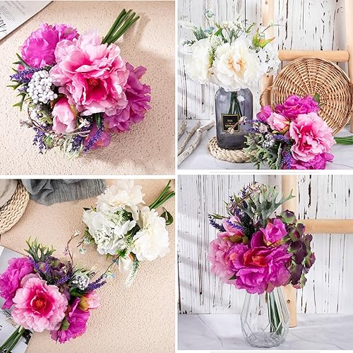 Miniatura 6 de ASTRYAS Flores artificiales, rosas de seda, rosas artificiales, flores rosadas, decoración de plantas de eucalipto, arreglo floral de rosas