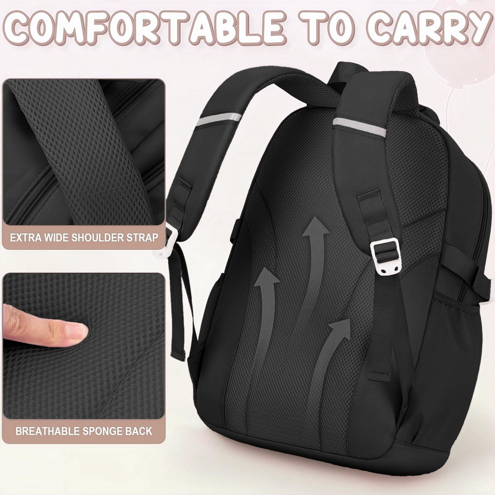 Amythe Ensemble de Sac à Dos Fille Primaire 3 Pièce, 2025 Cartable Enfant Scolaire avec Sacs à Déjeuner et Trousse Crayon, Sac Ecole Fille pour CP CE CM 6 à 12 ans-Noir