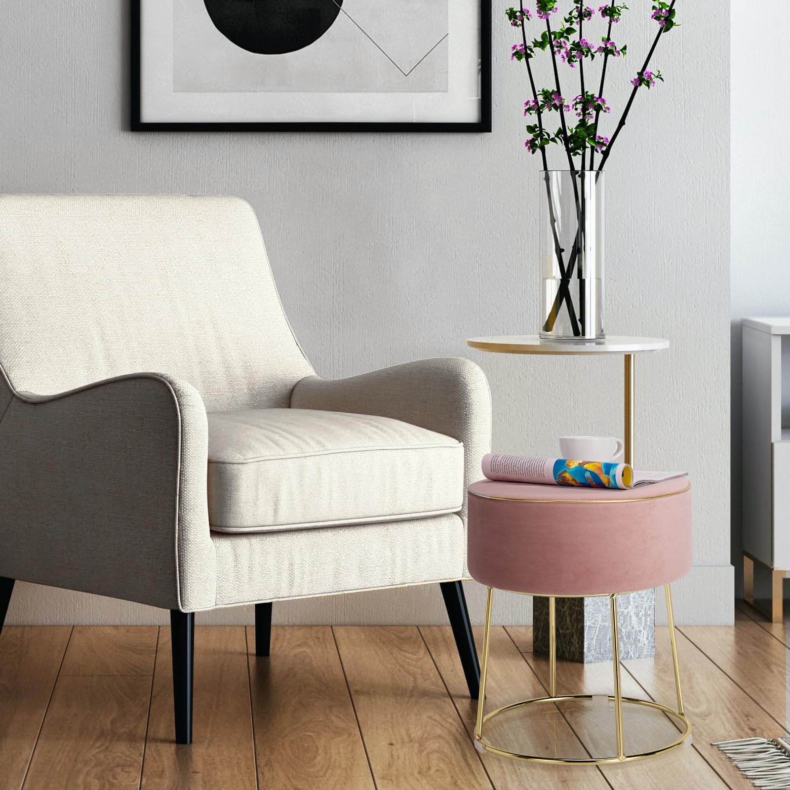 HOMASIS Sgabello per Toeletta Trucco, Sgabello Trucco, Pouf Velluto, Poggiapiedi da Divano, Gambe Dorate in Metallo, Sedia Moderna, 34 x 46 cm (D x A) (Rosa, M2)