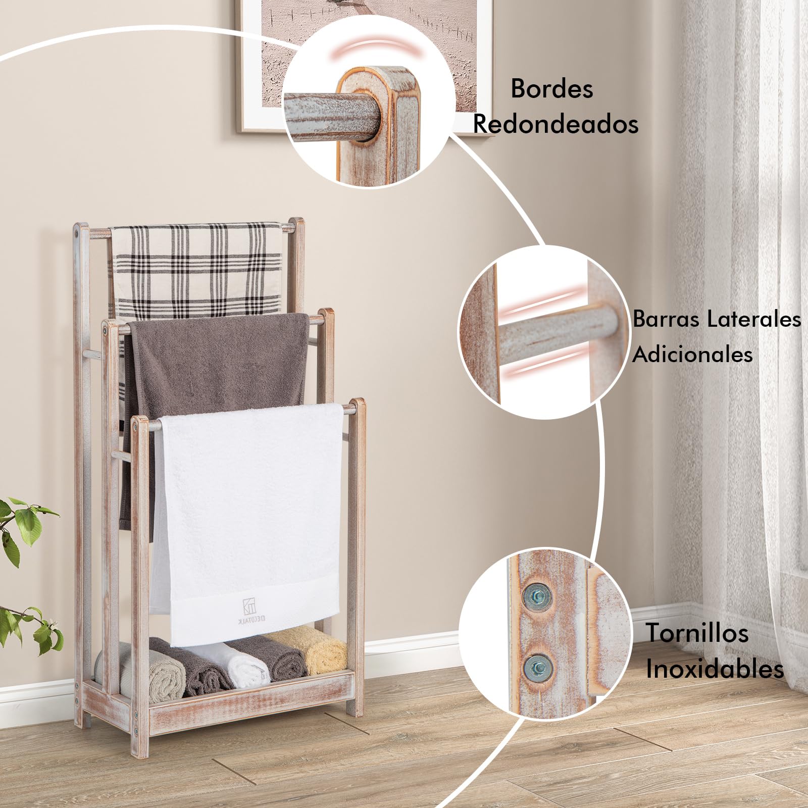 COSTWAY Toallero de Pie con 3 Barras,Toallero de 3 Niveles con Estante Inferior, Soporte para Toallas, Madera de Abeto Macizo, Dispositivo contra Caídas, 45,5 x 22 x 86 cm (Blanco)