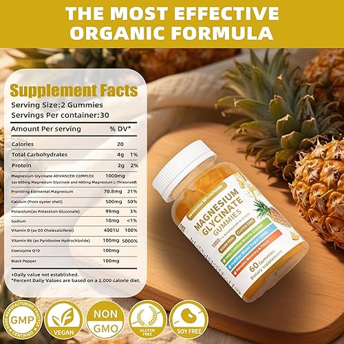 Miniatura 5 de Gomitas de glicinato de magnesio de 1000 mg, suplemento de magnesio y potasio sin azúcar para relajación, calma, alivio del estrés y apoyo