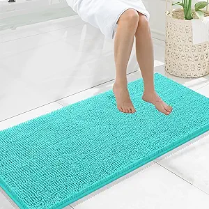 Smiry Luxury Chenille Bathroom Rugs 47x20, Extra Soft and Absorbent Shaggy Bath Mat, Machine Washable, Non-Slip Plush Carpet Runner for Tub, Shower, and Floor, Home Decor Accessories, Turquoise