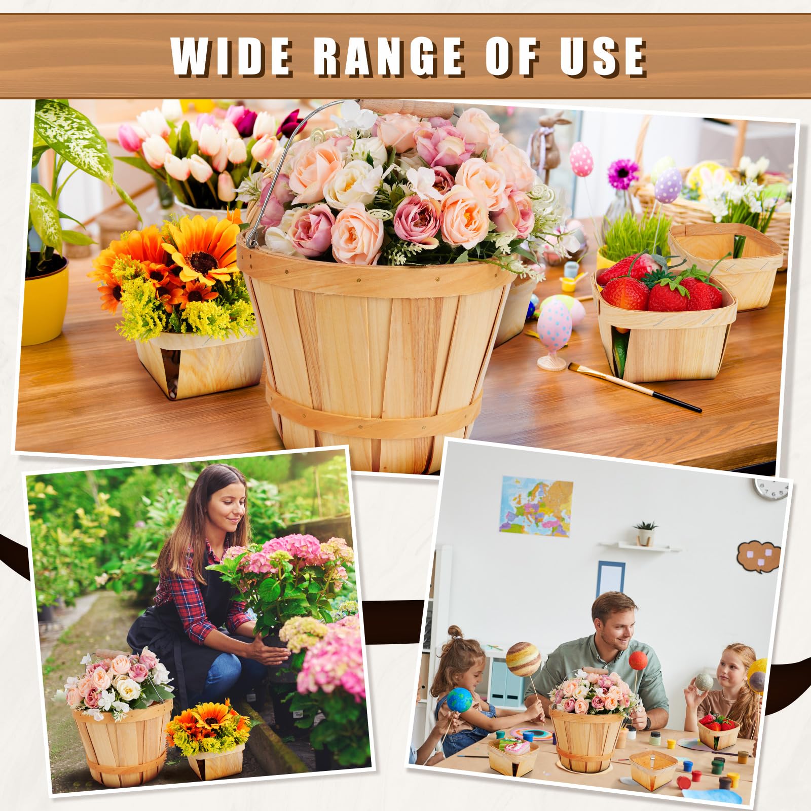 Leinuosen 9 Pieces Fruit Buckets Wooden Gift Baskets Empty Set Include 3 Round Wooden Baskets with Handle 6 Square Wooden Berry Baskets Small Baskets for Arts Crafts and Party Decoration