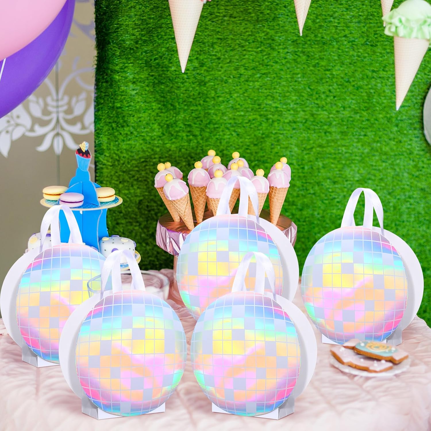 Kolldenn 12 Pcs Disco Ball Holographic Gift Bags Disco Party Favor Iridescent Paper Treat Bags 70s 80s 90s Birthday Party Supplies with Handles for Candy Goodies Wedding Bachelorette Decorations - Image 6