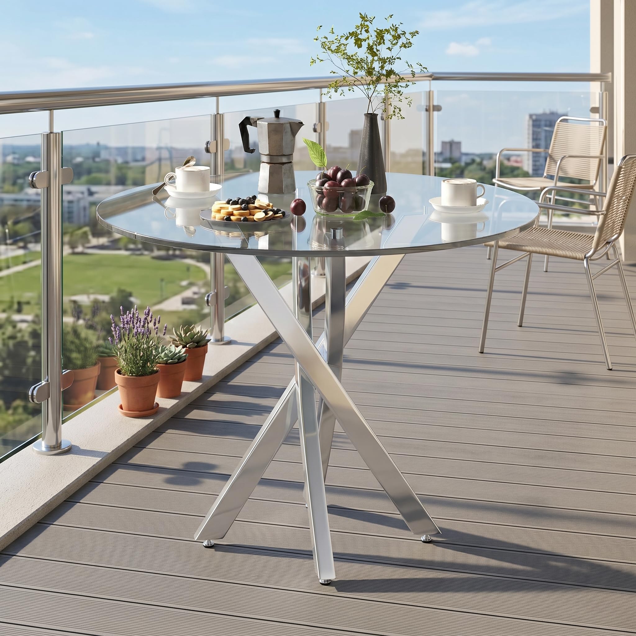 Mesa de comedor redonda de cristal de 80 cm, mesa transparente con patas de metal, mesa de comedor, cristal templado, mesa redonda para el hogar, comedor, sala de estar (redonda plateada)