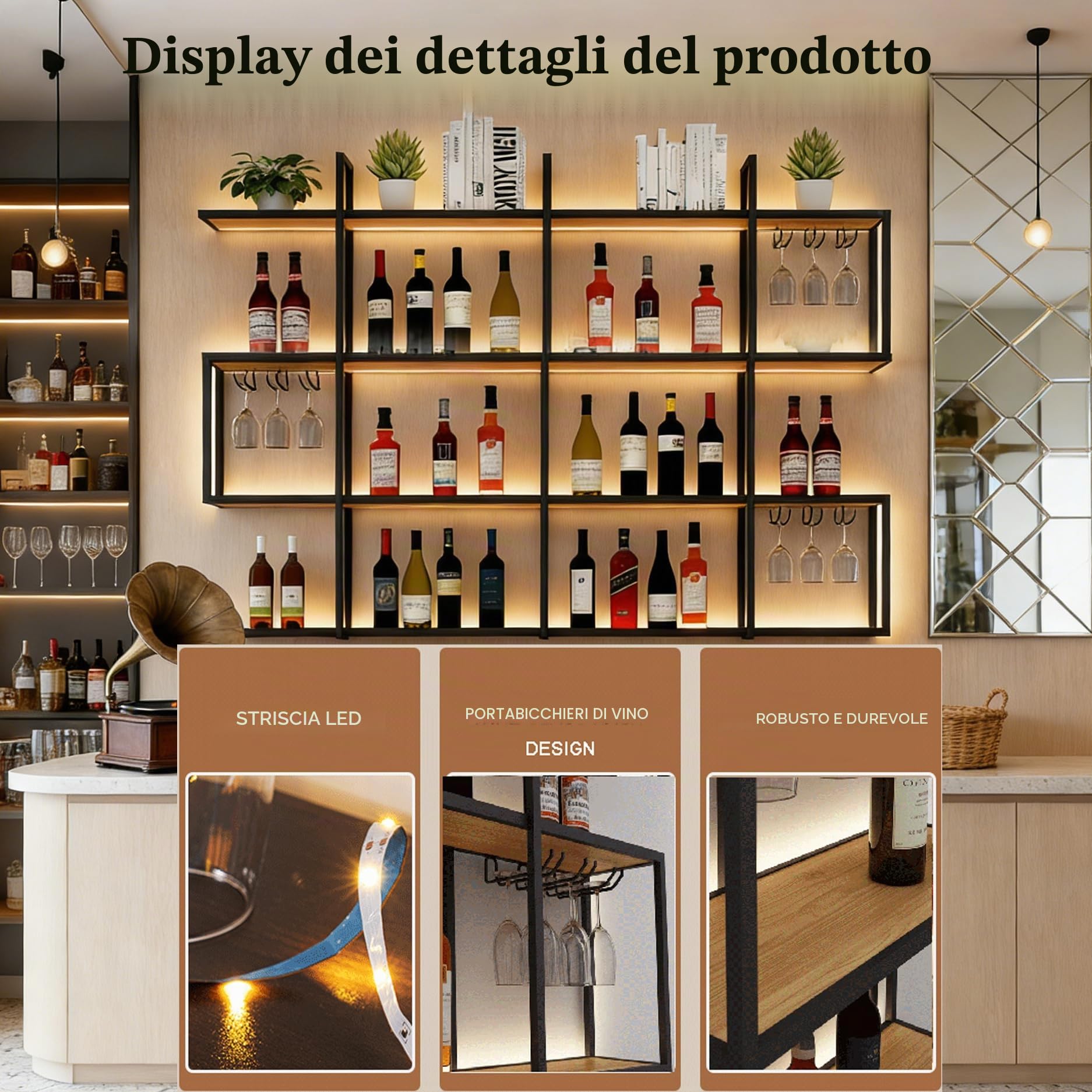 120CM Portabottiglie da parete con luce a LED, portabottiglie da parete in metallo a 4 ripiani con ripiani, industriale per la decorazione di bar e sala da pranzo (Black, 47.2IN)