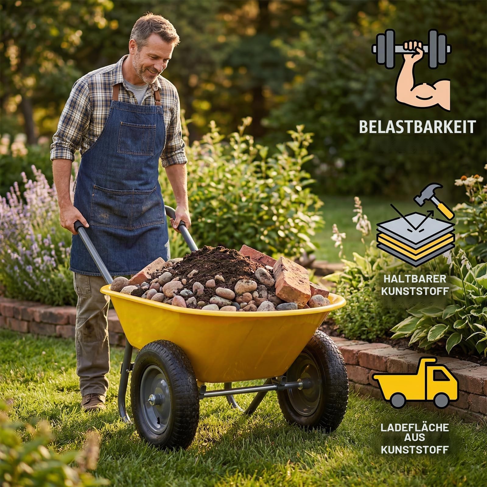 Schubkarre Bis 120 kg, 2 Luftreifen Mit Metall Felge, Garten Schubkarre, 124 x 66 x 62,5cm, Kunststoffwanne, Eisen + Kunststoff, Gelb
