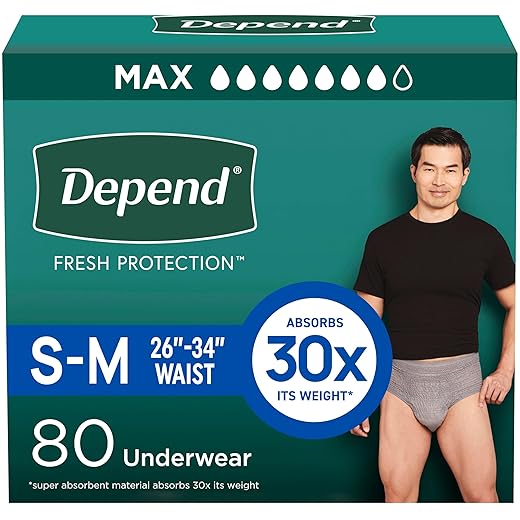 Depend Fresh Protection Adult Incontinence Underwear for Men (Formerly Depend Fit-Flex), Disposable, Maximum, Small/Medium, Grey, 80 Count (2 Packs of 40), Packaging May Vary