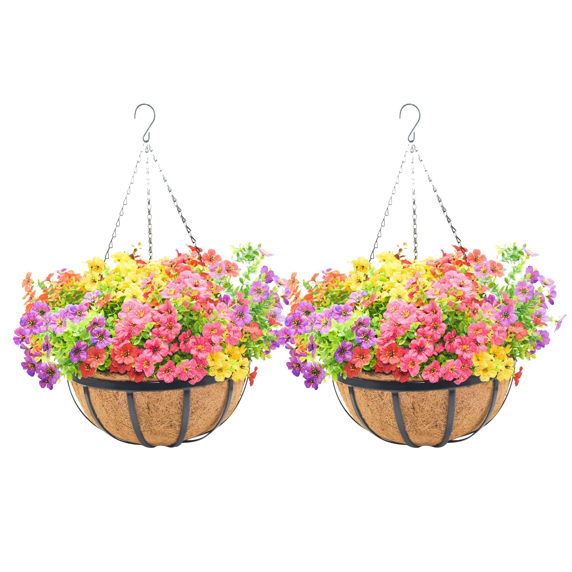 GYATSOCYG 12 Inch Metal Hanging Planter Basket with Coconut Fiber Liner Hanging Plant Flower Pot for Home Garden Patio Decoration,Metal Flat Iron Pattern, 2 Pack