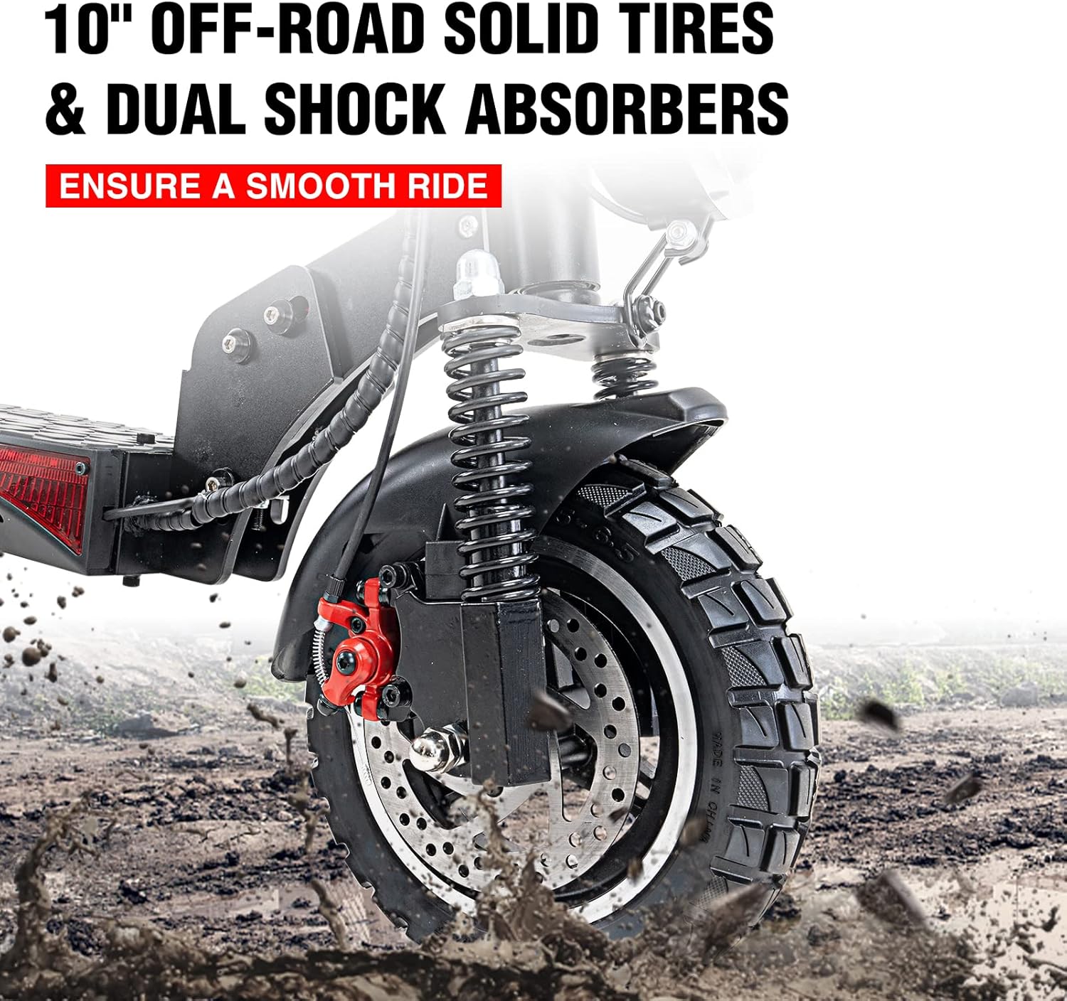 Close-up of the EVERCROSS H5 electric scooter's 10-inch off-road solid tires and dual shock absorbers, with text 'ENSURE A SMOOTH RIDE'.