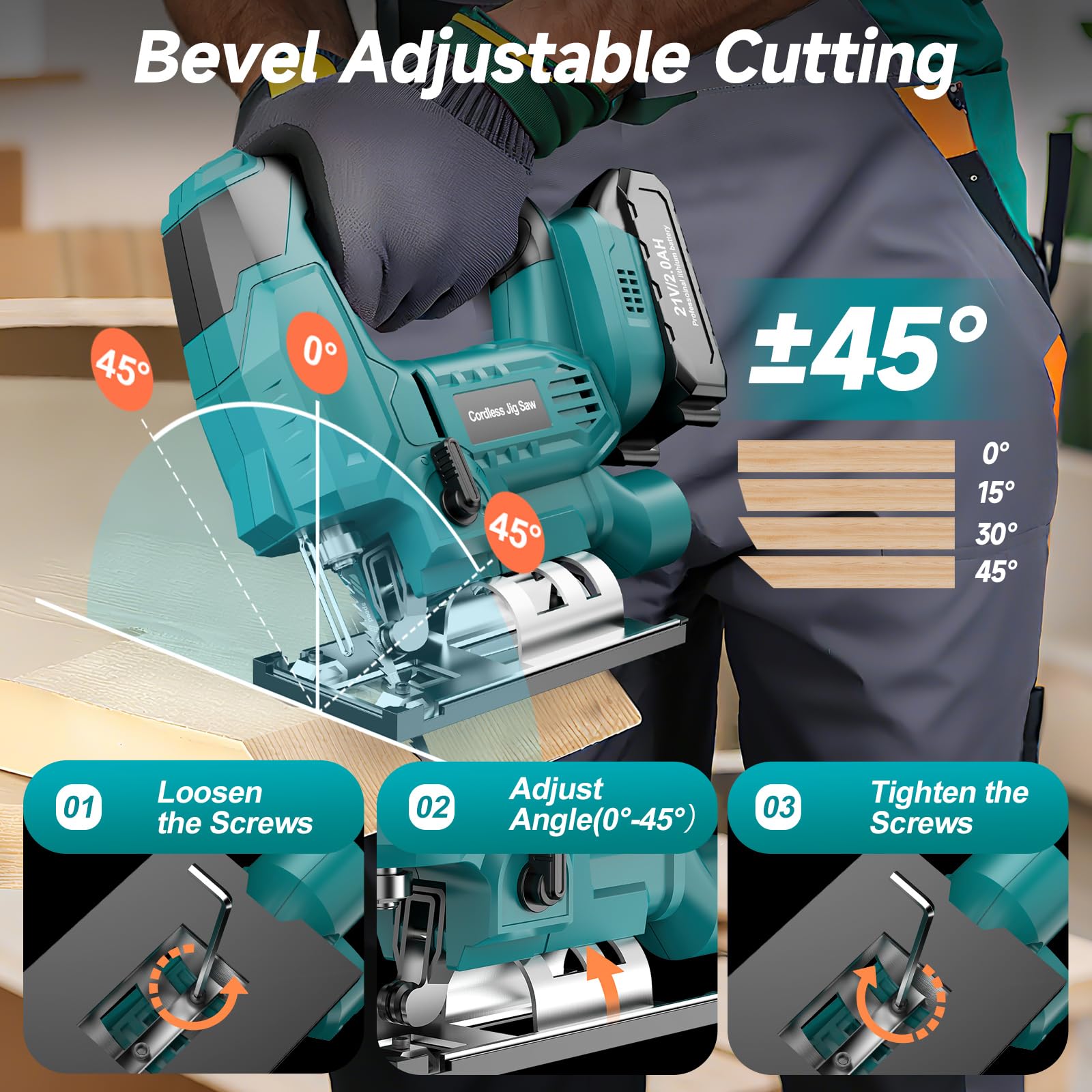 Scie Sauteuse Sans Fil Compatible avec Batteries Makita 18V, Scies Sauteuses Electriques pour Coupes en Biseau ±45° 2900RPM avec 0-3 Ensembles Orbitaux, 6 Lames pour Bois/Métal/PVC