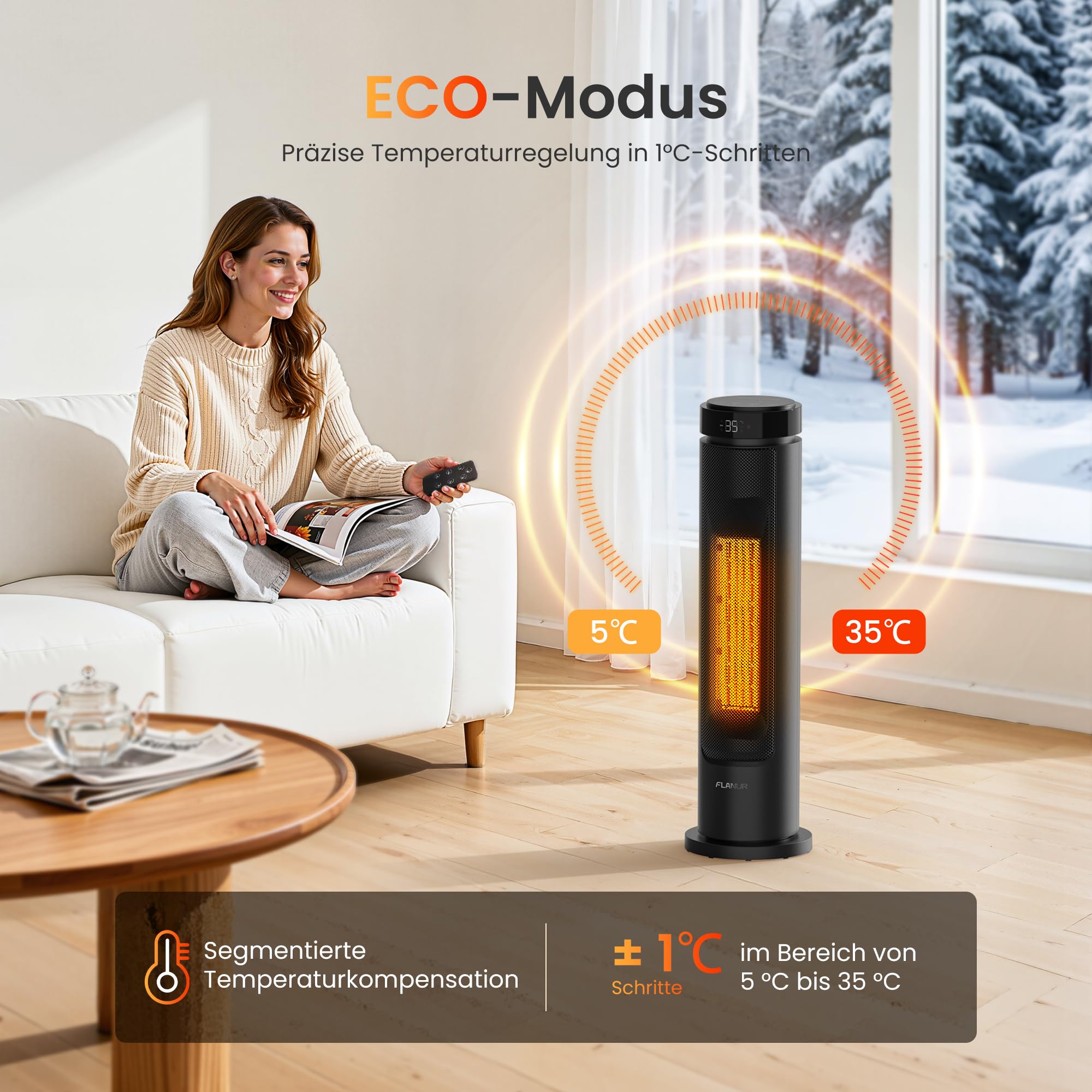 FLANUR Heizlüfter Energiesparend, 2000W PTC Keramik Heizlüfter mit Thermostat & Fernbedienung, ECO Modus, 70° Oszillation, 12h Timer, Überhitzungs-Kippschut, 60cm, Black