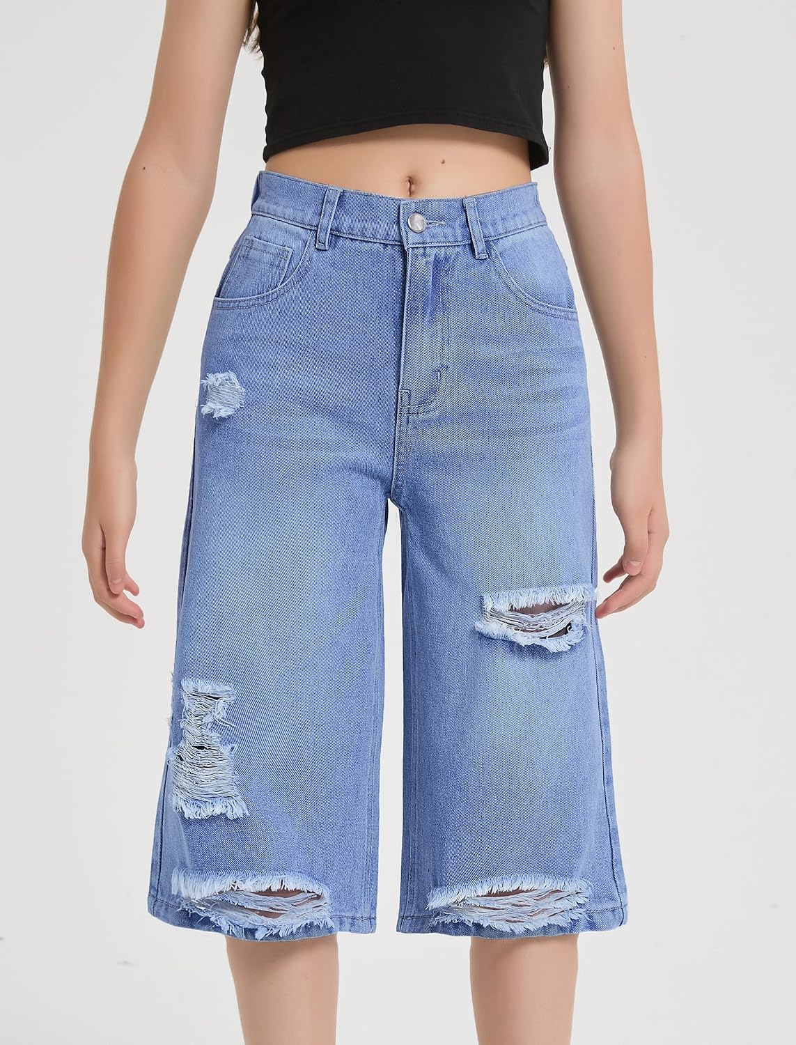 EXARUS Girls Jean Shorts Bow Embroidery/Cargo/Ripped Summer Teen Elastic Waist Bermuda Denim Jorts Pockets Casual 8-14Y