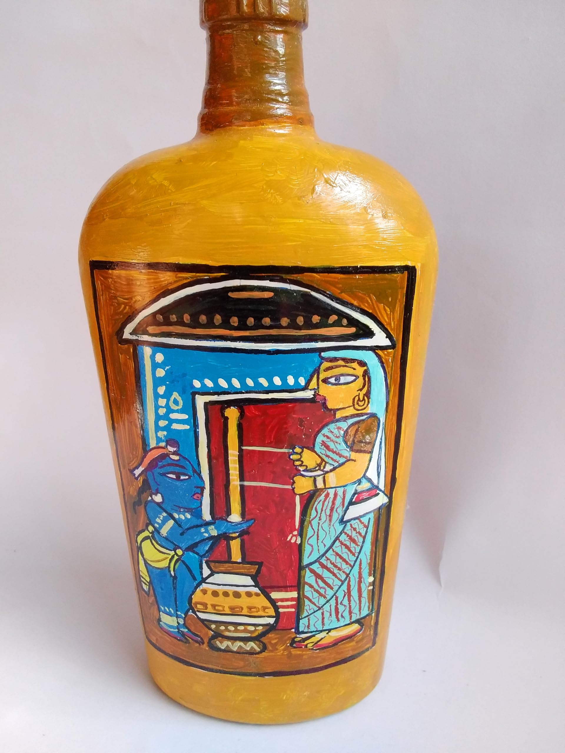 Hand-Painted Decorative Glass Bottle with Indian Folk Art | Madhubani Style Art, Yellow Base Finish, Krishna & Radha Motif, Upcycled Glass Bottle, Home Decor Showpiece-picture-32