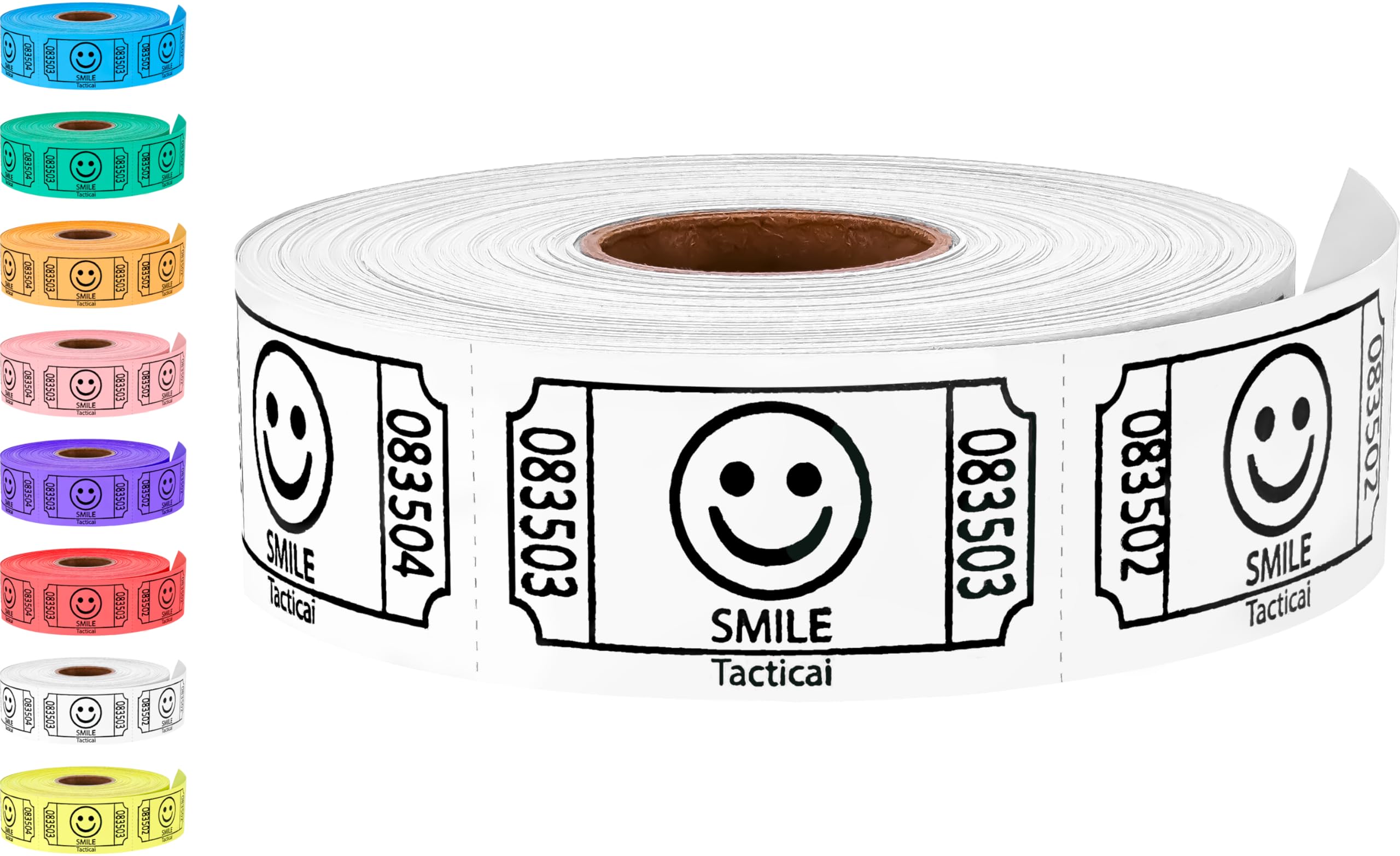 Tacticai 500 Raffle Tickets, Smile, White (1 of 8 Colors), Single Roll, Ticket for Events, Entry, Class Reward, Fundraiser & Prizes
