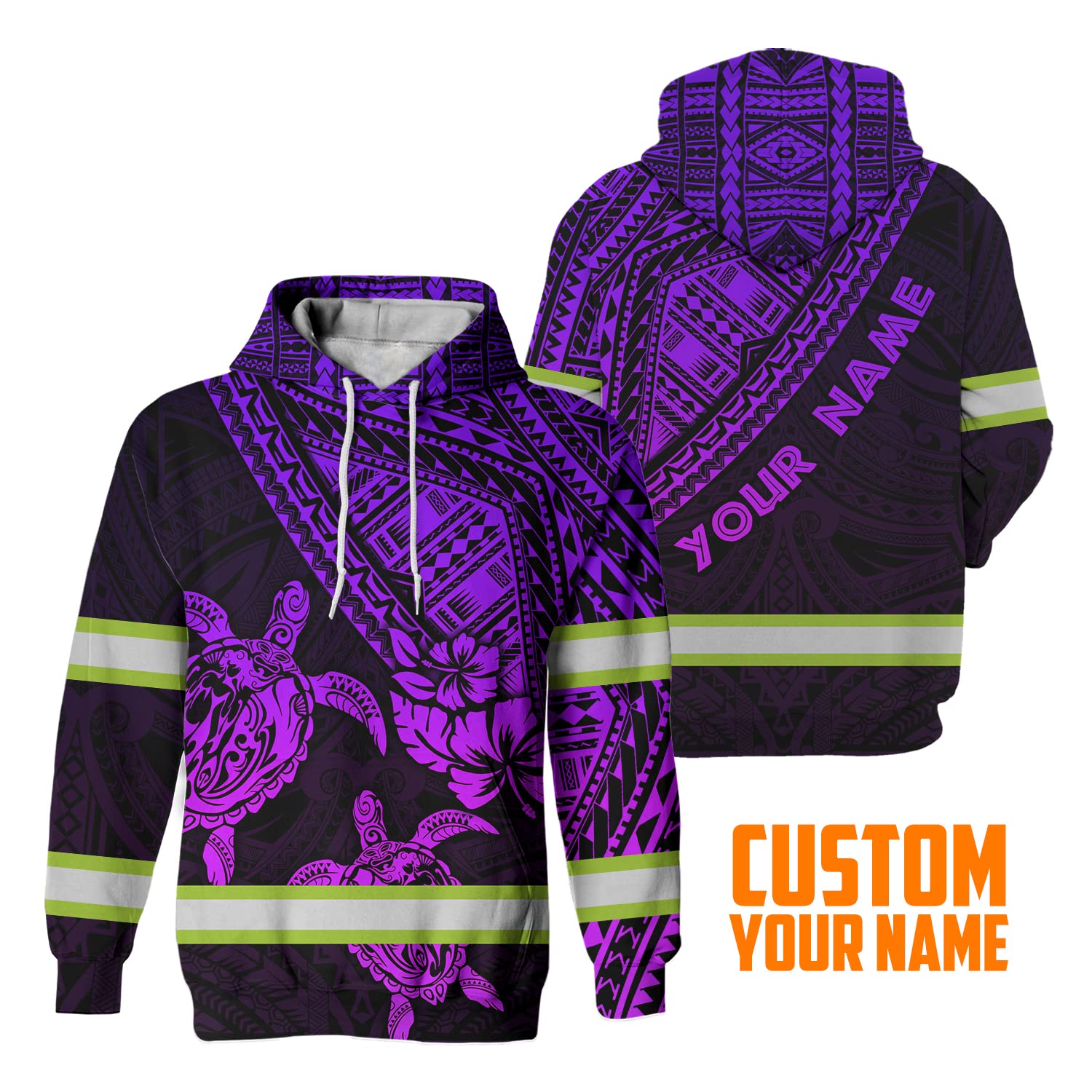 Matedecor Safety Hoodie Violet Couple Turtle Hawaiian Customize Name High Visibility Reflective Workwear for Runners, Walkers, Trucker, Operator, Patriotic-XL