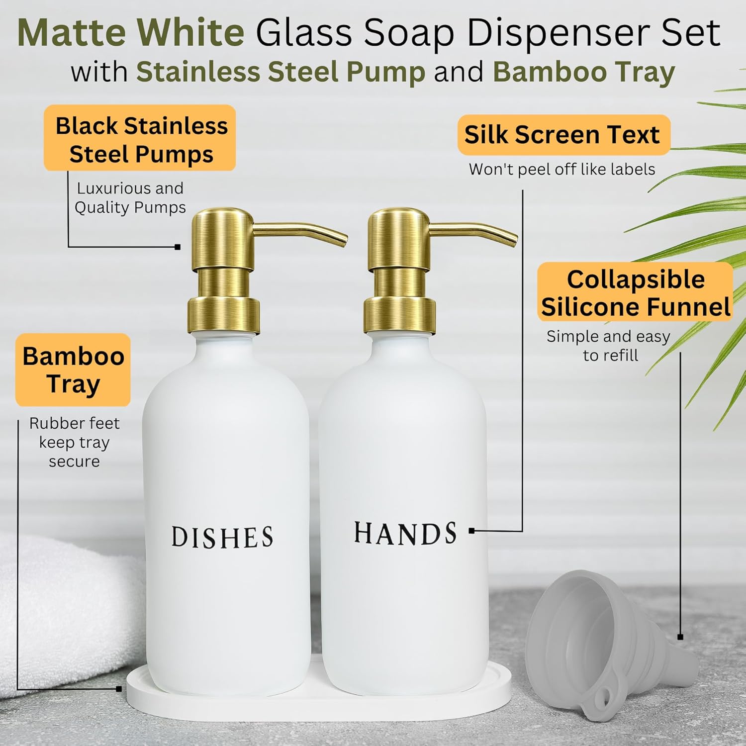 Glass Hand and Dish Soap Dispenser Set with Bamboo Tray – 16 oz Kitchen Soap Dispenser Set, Gold Pumps, Silicone Funnel – Modern Farmhouse Kitchen Sink Decor and Accessories