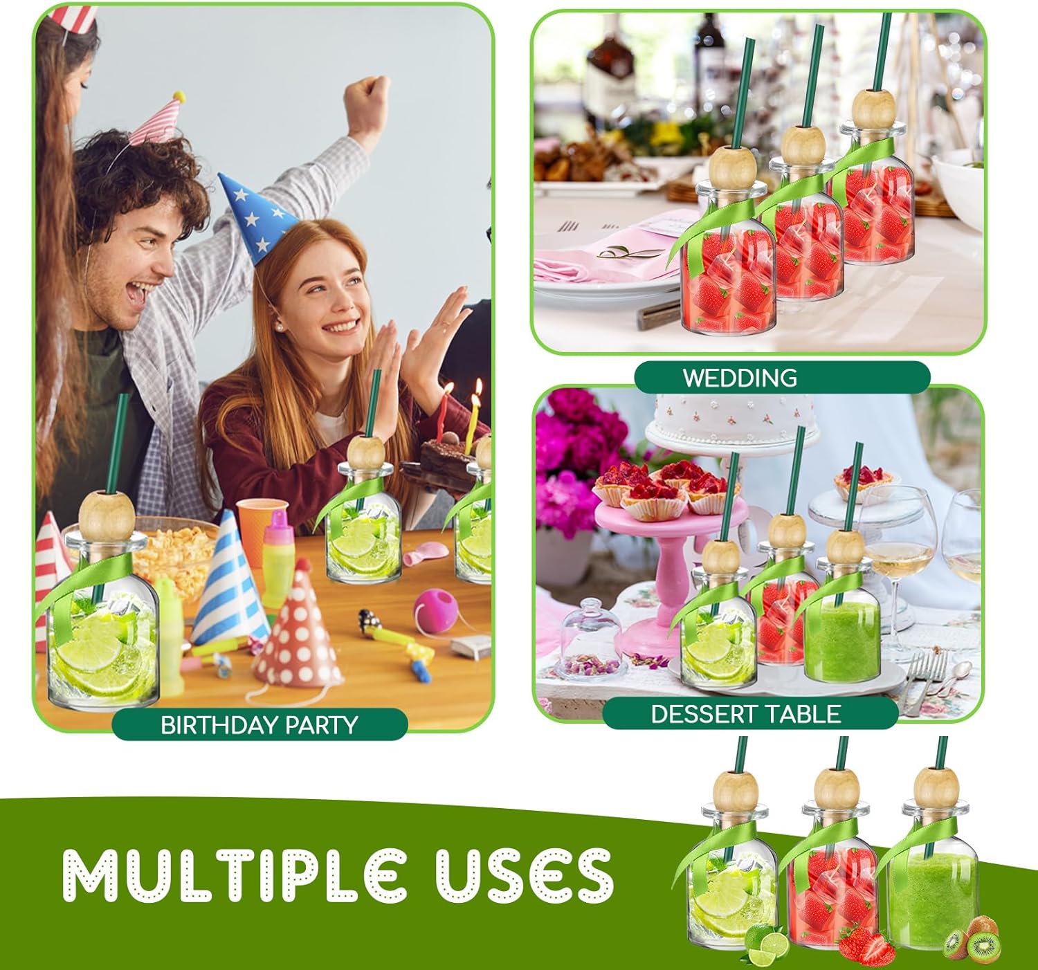 Hushee 12 Pcs 3oz/ 100ml Empty Patron Bottles with Straw Mini Tequila Bottles for Drinks Reusable Shot Glass Cups with Green Ribbon for Wedding Party Favor Personalized Decoration