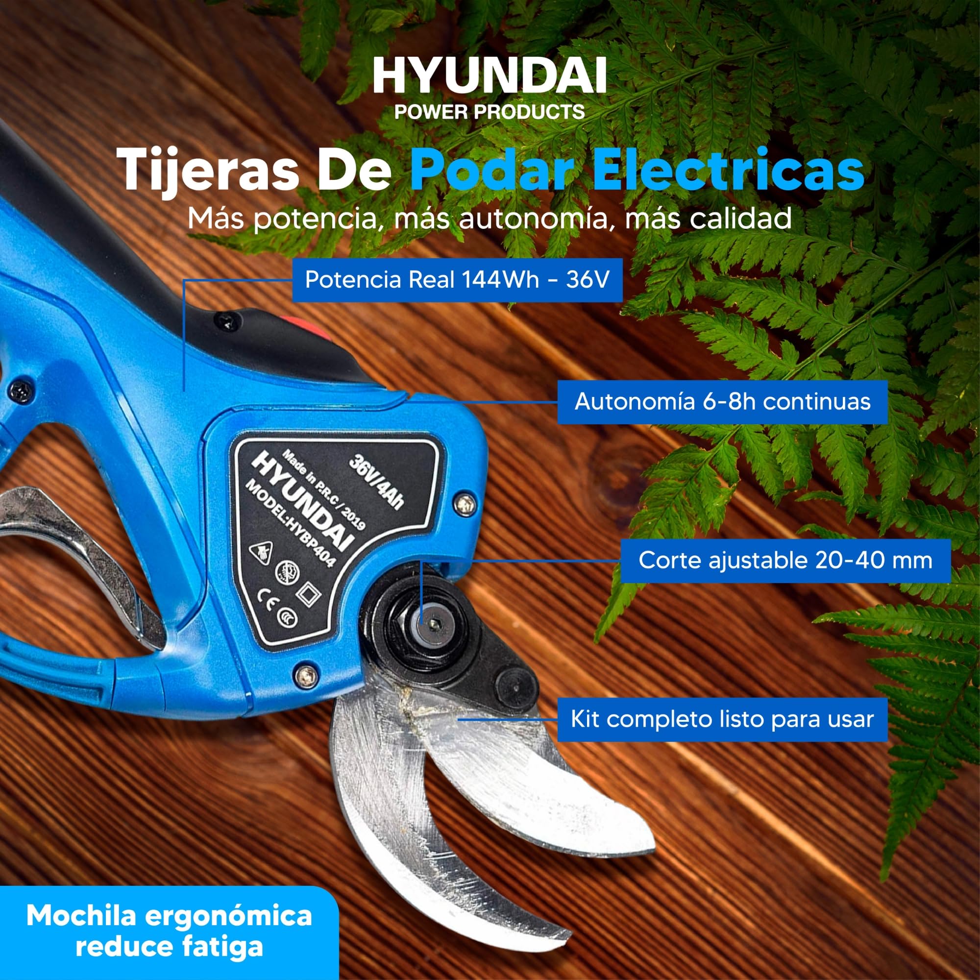 Hyundai Tijeras De Podar Electricas - Podadora a Bateria con Diámetro de Corte Ajustable - Podadora Electrica Jardin Potencia 144Wh y Voltaje 36V Trabaja de 6 a 8 horas con el 100% de carga