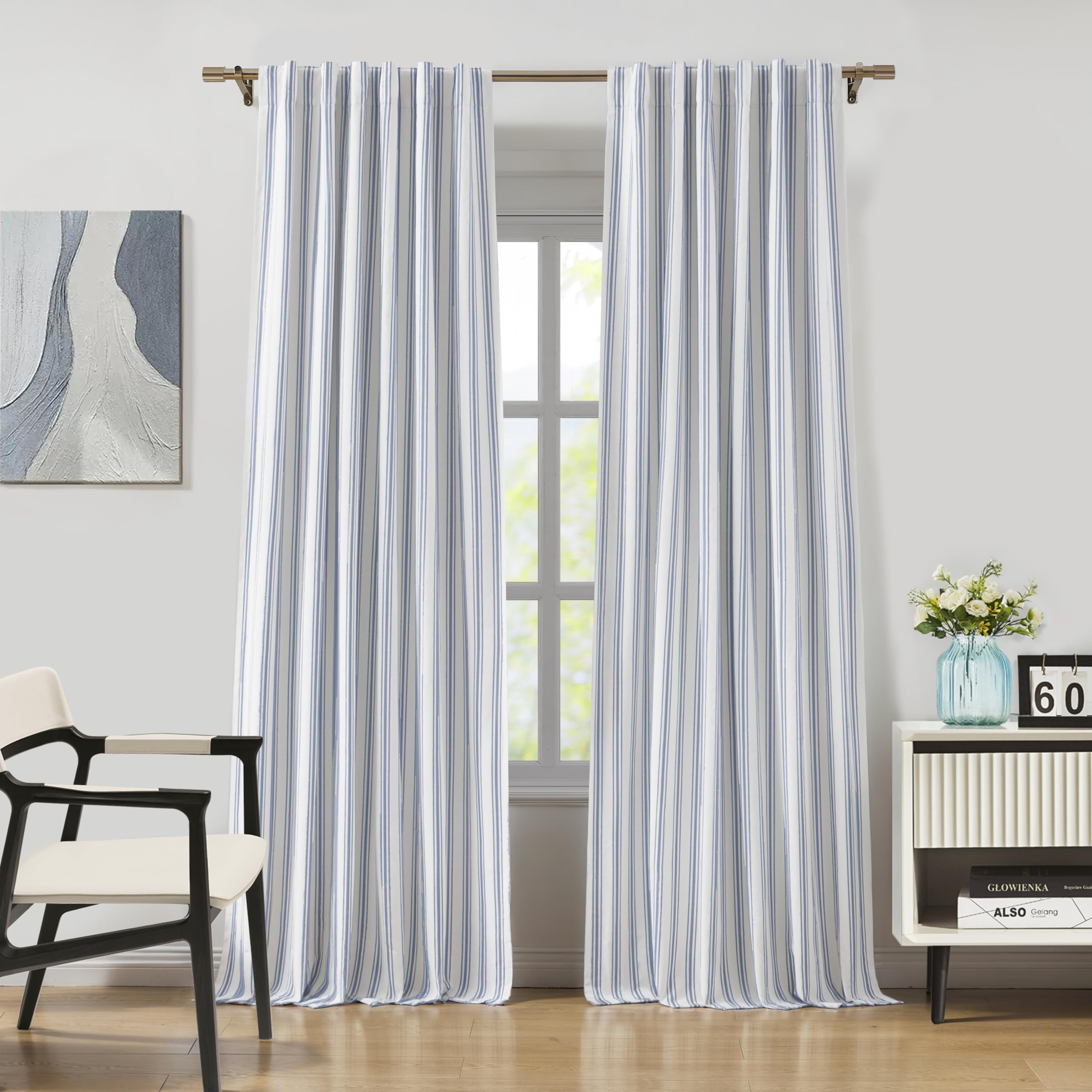 洋楽 kintarow ZJDECOR Blue Striped Blackout Curtains 84 Inches Length,Ticking