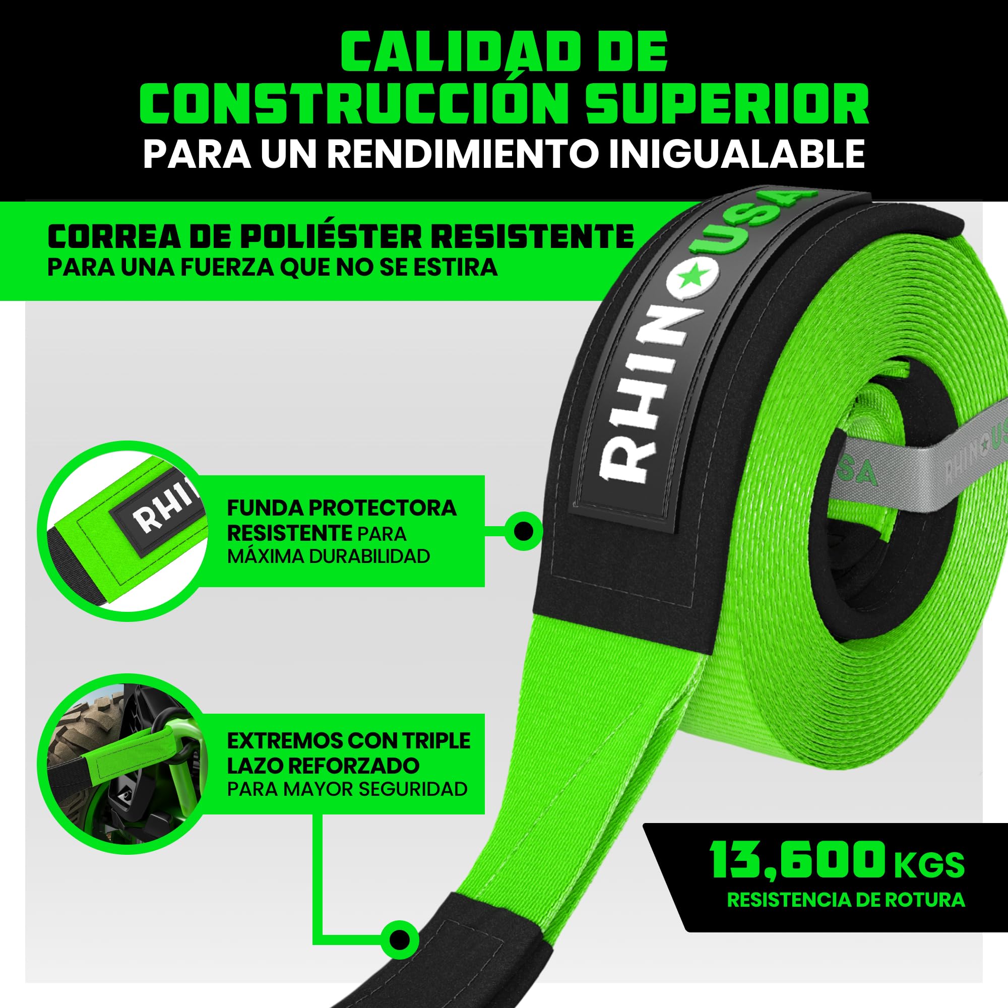 Rhino USA Correa de Remolque (7,6cmX9,1m) - Resistencia a la Rotura de 13.600 kg - Cuerda de Recuperación de Emergencia para Camión, UTV, ATV - Recuperación Heavy Duty para Uso Todoterreno 4X4 - Verde