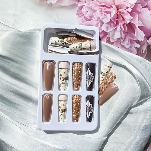 Miniatura 3 de 24 uñas postizas largas a presión de ataúd, color marrón, cobertura completa con diseño de patrón de flores, uñas postizas acrílicas brillantes para