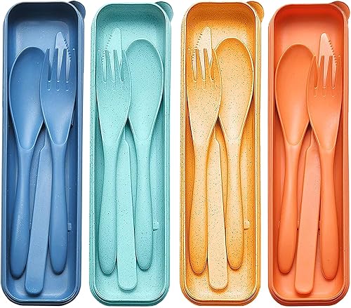 Miniatura 8 de Juego de utensilios de viaje reutilizables con estuche, paja de trigo portátil de plástico, tenedor, cucharas, cuchillos, cubiertos, para