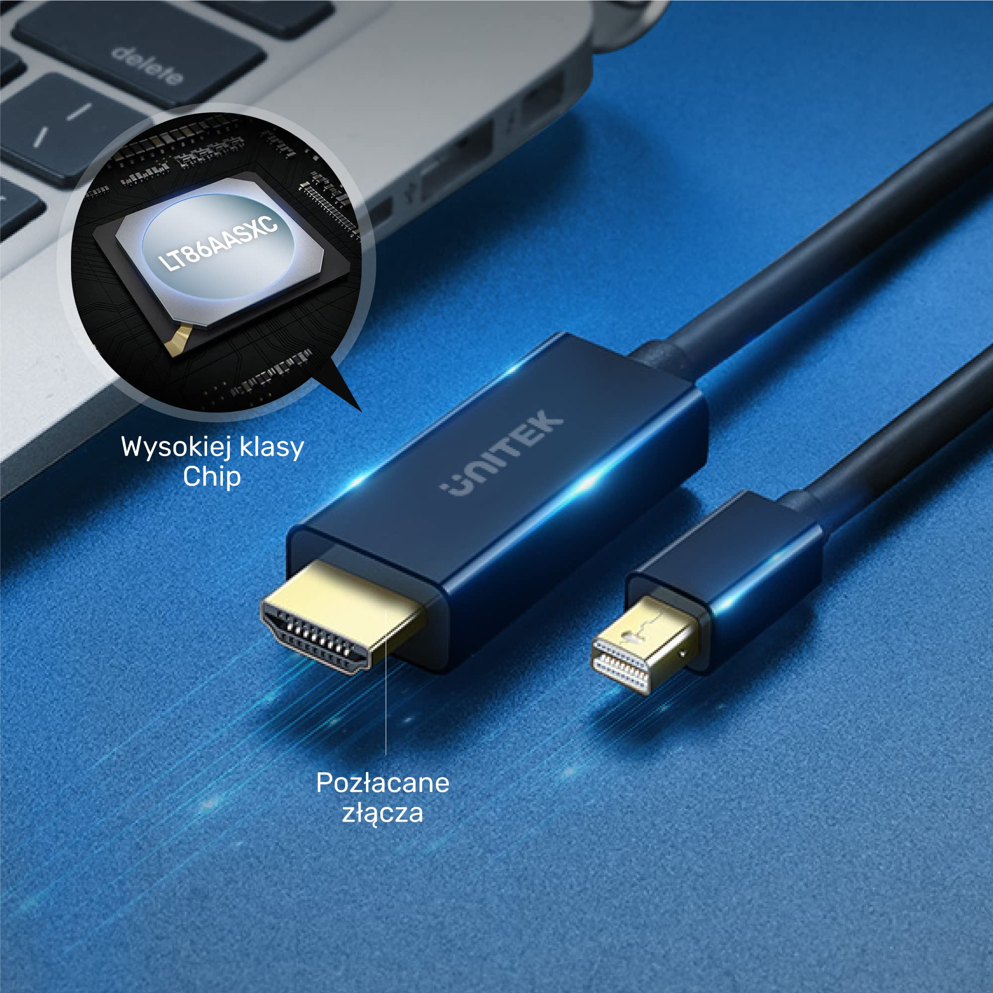 V1152A Unitek Adaptör miniDP NA HDMI 4K 30Hz Kablo 2M / 4K@30Hz / Plug and Play/HDR/Full HD/Audio-wideo/HDMI 1.4 / Altın Kaplama Bağlantılar/Renk siyah