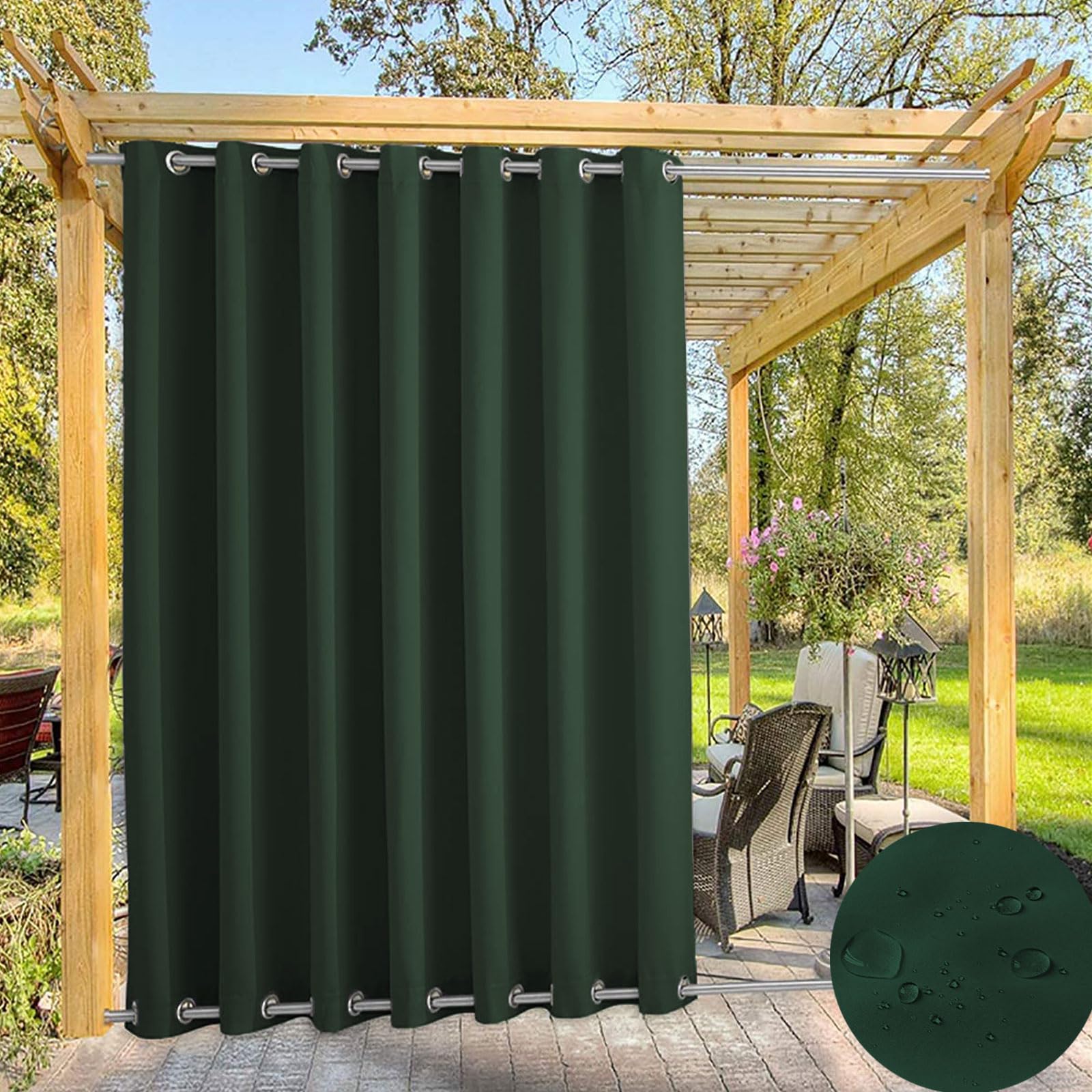Waterproof Outdoor Curtain for Garden Patio Gazebo Curtains, Thermal Insulated Blackout Curtains with Grommet (Top and Bottom),Sun Blocking Curtains for Indoor |1 Panel, Dark-green,W63''*H72'' — image 1