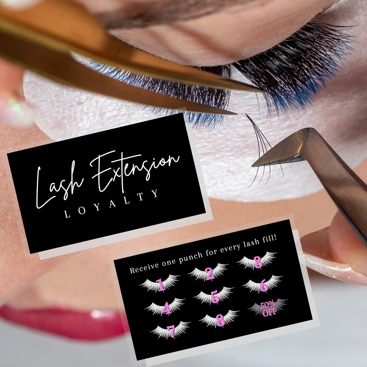 Lash Extension Loyalty Punch Cards | 50 pack | Eyelash False 2x3.5” inches symbols match aftercare instructions minimalist black and white thank you client cards matches intake forms for lash artists