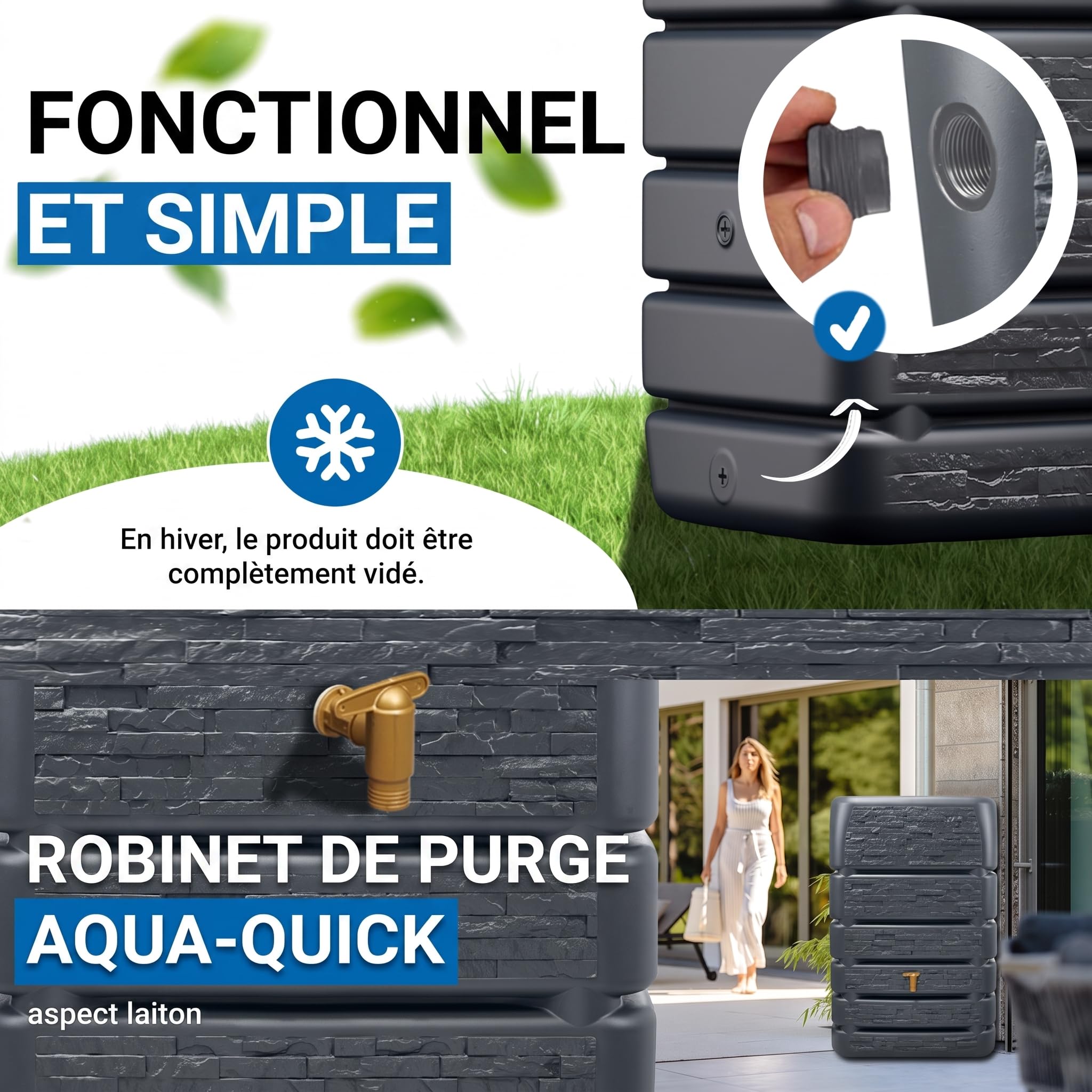 4rain Cuve Murale Recuperateur d Eau de Pluie, 510 L, Gris Graphit | Slim Stone Decor, décorative pour Jardin, Collecteur d’Eau, Design Robuste avec Robinet